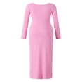 thumbnail image 4 of Women Long Bodycon Dress Solid Color Knitted Ribbed Square Neck Long Sleeve Dress Spring Fall Party Club Skinny Dress, 4 of 9