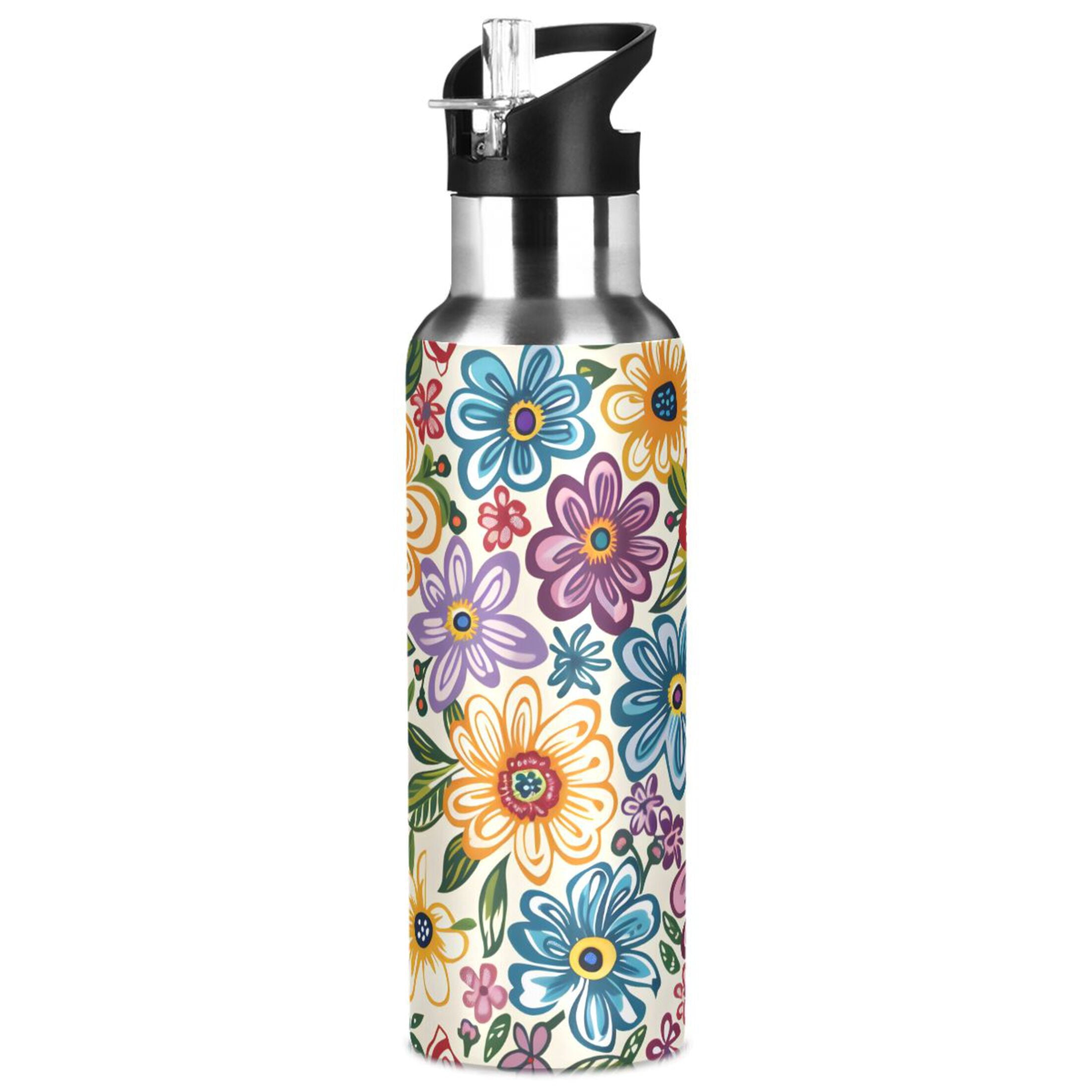 Colorful Floral Print Flowers Sports Water Bottle with Straw Lid Insulated Stainless Steel Leak Proof BPA Free Thermal Mug with Handle for Gym Yoga Cycling Camping