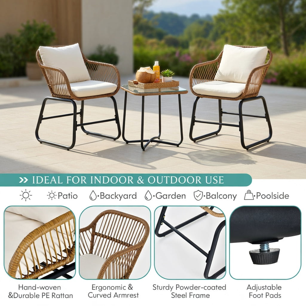 Hommoo 3-Piece Outdoor Bistro Set, PE Rattan Chairs with Square Tempered Glass Coffee Table, Includes Cushions & Lumbar Pillows for Patio, Balcony & Garden, White