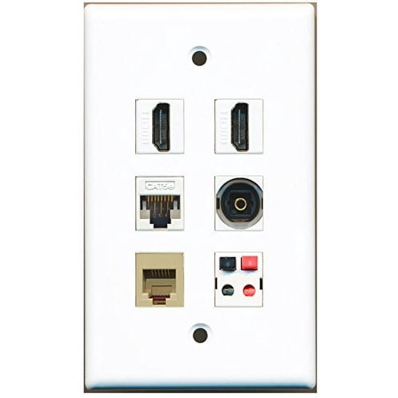 RiteAV - 2 HDMI 1 Port Phone RJ11 RJ12 Beige 1 Port Toslink 1 Port Cat5e Ethernet White 1 Port Speaker Wall Plate