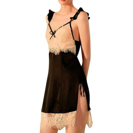 gvdentm Sleep Dress for Women Women Lingerie Satin Chemise Nightgown Full Slips Sleepwear Black S