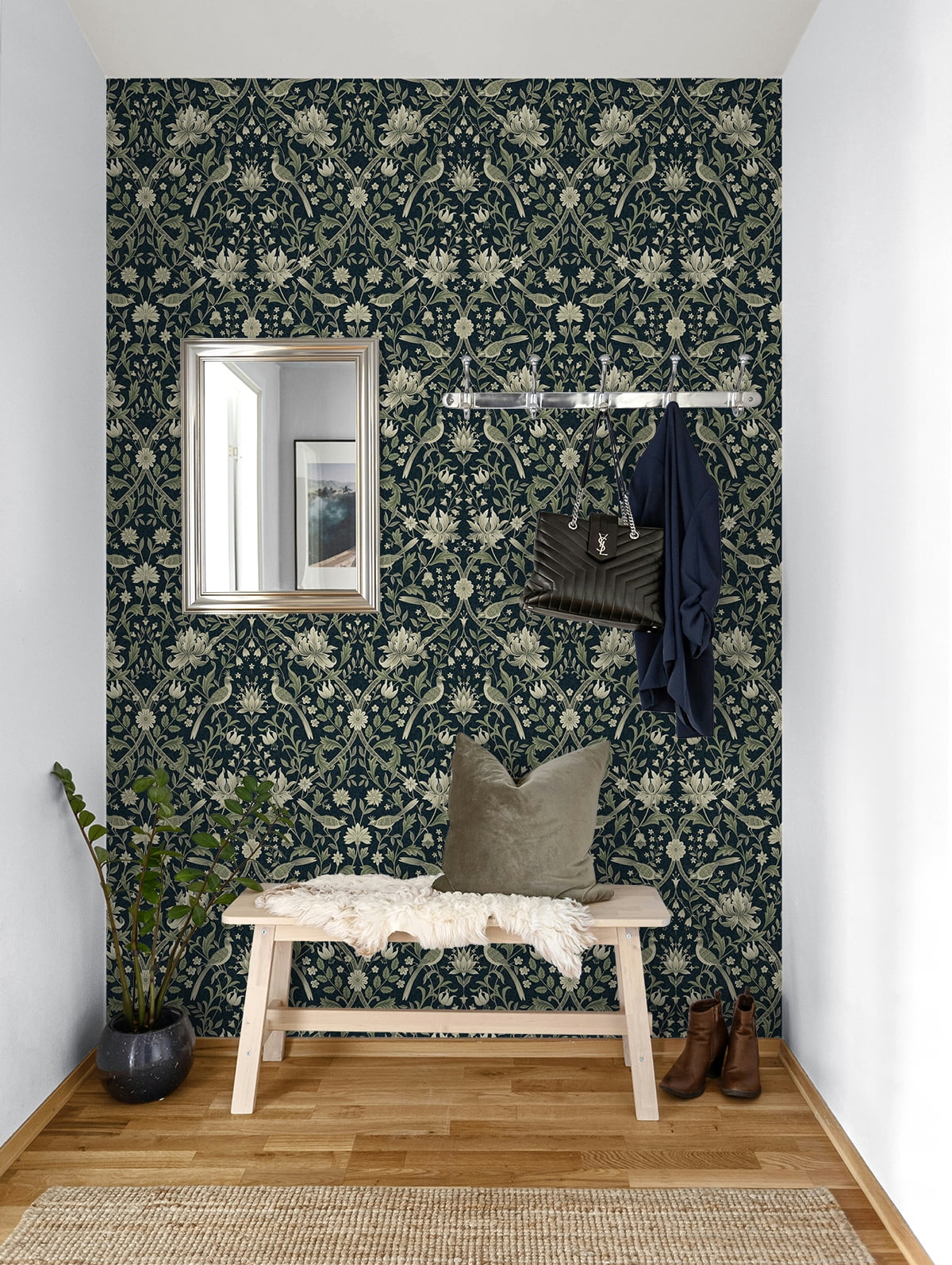 NextWall Blue & Sage Vintage Bird Ogee Peel and Stick Wallpaper - 20.5 in. W x 18 ft. L Roll