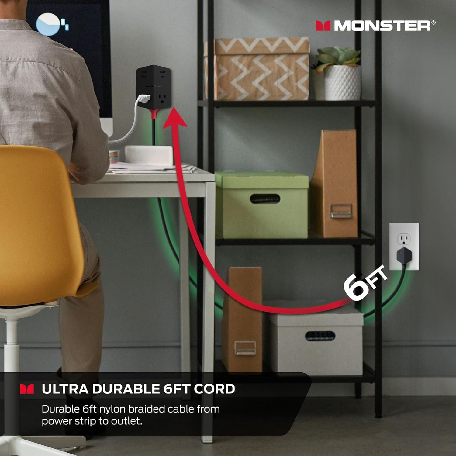 Monster Power Shield Magnetic Wall Outlet Extender, 2 AC Outlets, 3 USB-A & 1 USB-C Port (20W)