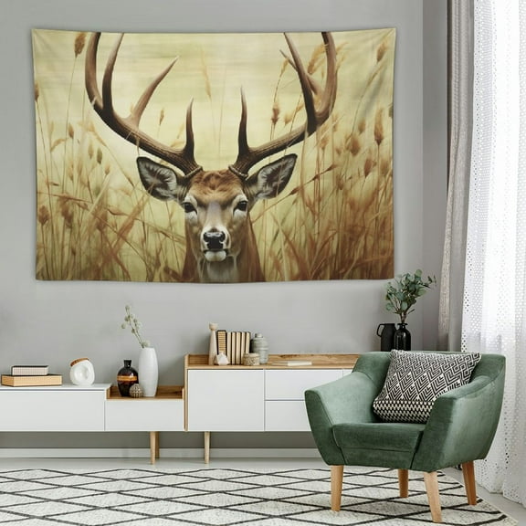 Creowell Antler Tapestry, Whitetail Deer Fawn in Wilderness Stag in Countryside Rural Hunting Theme, Wide Wall Hanging for Bedroom Living Room Dorm,60x40 Inch, Brown Sand Brown 60x40in