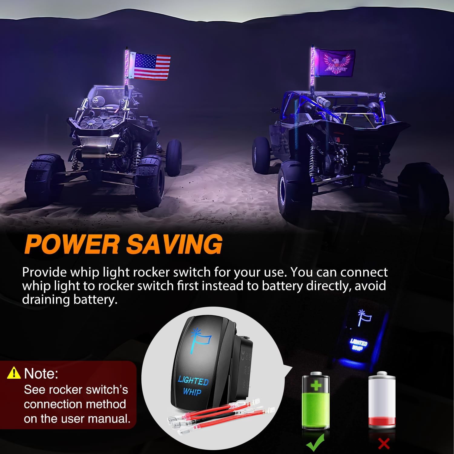 Nilight RGB Whip Light 1PC 2FT Lighted Antenna Whips with Remote & App Control DIY Chasing Patterns Brake Reverse Lights for ATV UTV Polaris RZR Can-am Dune Buggy Pickup Trucks Jeep