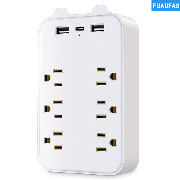6-Outlet Surge Protector Power Strip with 2 USB Ports - Rectangle, Mountable, 110-130V US Plug, Ideal for Home Office Storage