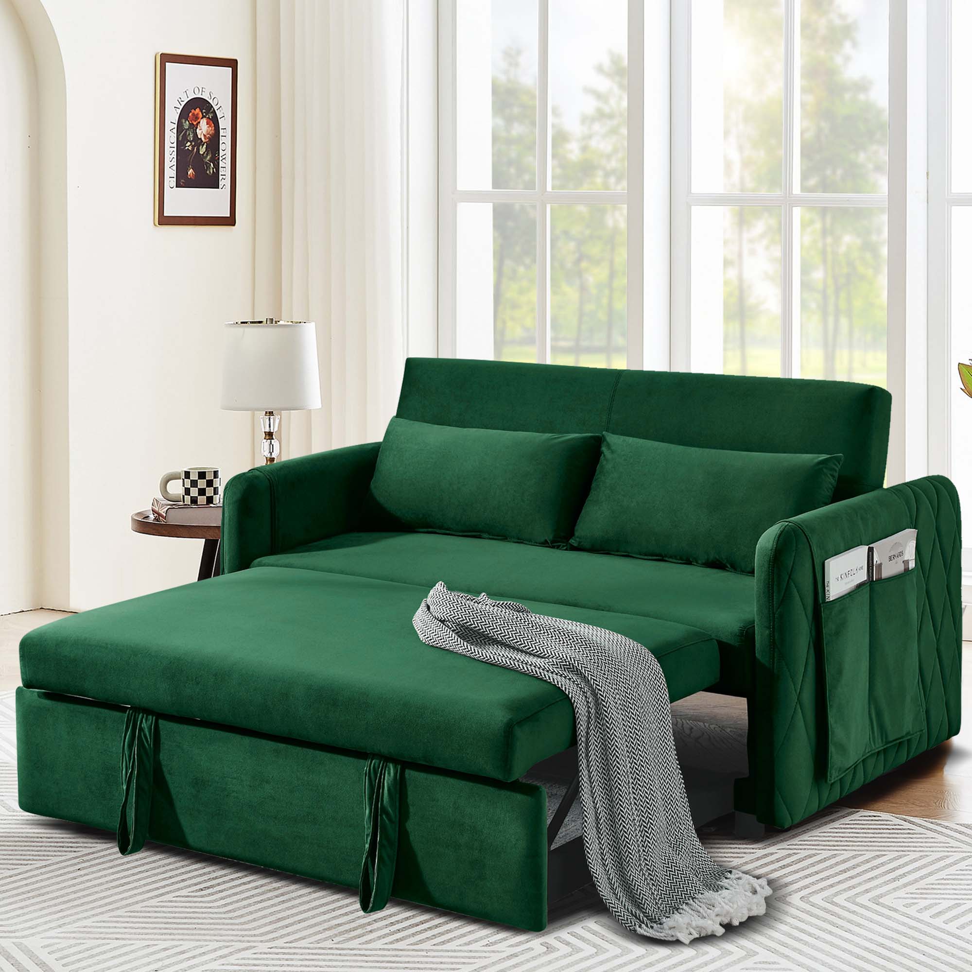 DEALTOPS 55" Modern Pull Out Loveseat Sofa Bed with 2 Detachable Arm Pockets, Green