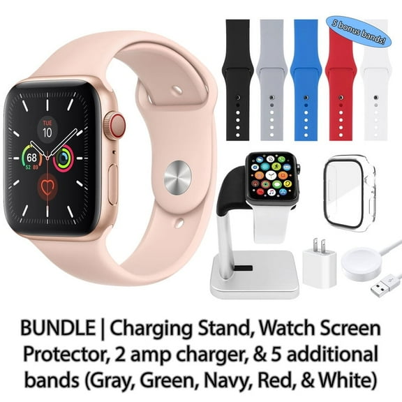 Restored Apple Watch Series 5 (GPS   Cellular, 44 mm) Gold Aluminum Case with Pink Sport Band Bundle 5 Bonus Bands, Charging Stand, Screen Protector, & 2 amp charger (Refurbished)