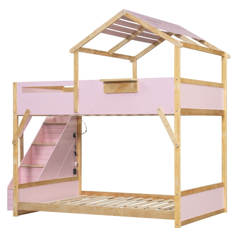 Full over Full House-Shaped Bunk Bed with Roof & Stairs, Kids Bed Frame with 3-Color LED Lights & Bedside Storage Shelf