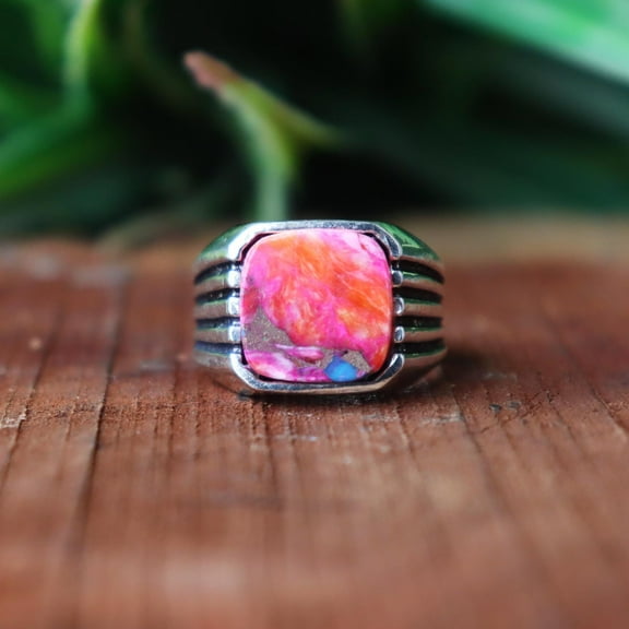 Pink Dahlia Copper Turquoise Ring, 925 Silver Ring, Boho Jewelry, Rectangular Gemstone, Genuine Ring, Men's Signet Ring, Personalized Gift**