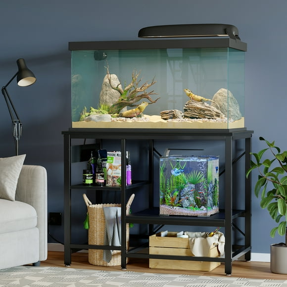 Bestier 40-50 Gallon Fish Tank Stand with Power Outlets, 3-Tier Heavy Duty Metal Aquarium Stand Reversible Storage Shelf, Black