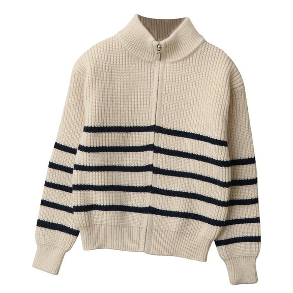IVEYRTF Big Boys Girls Knit Cardigan Zipper Solid Color Stripe Cozy Fall Winter Casual Warmth Outerwear Sweater for Kids 5-14 Years(White,11 Years)