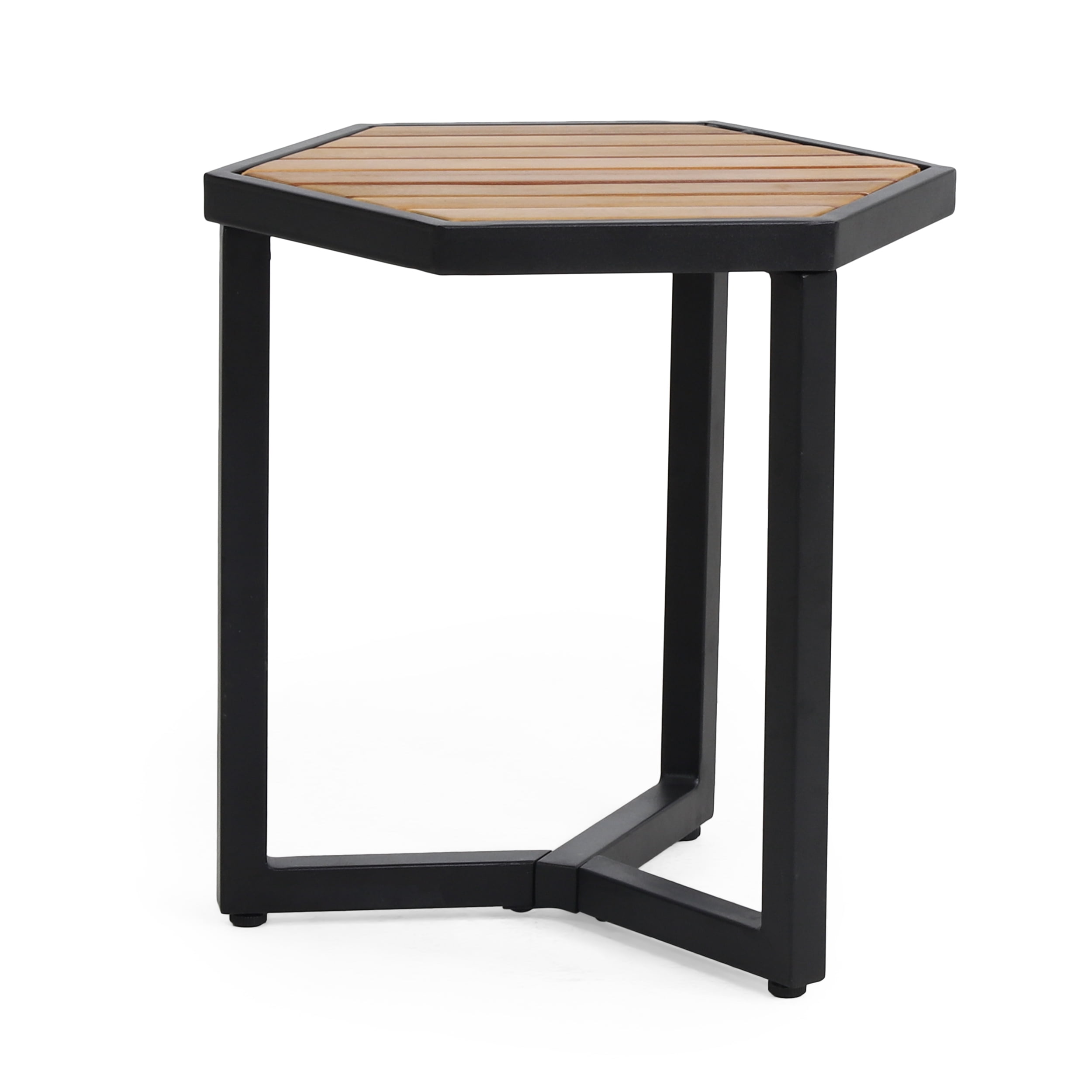 Outdoor Industrial Style Side Table, Wood and Metal Craft Accent Table for Patio Garden, Wood and Black