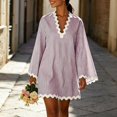 thumbnail image 2 of SETOOFF Women Vertical Stripe Mini Tunic Dress V Neck Wavy Trim Bell Long Sleeve Loose Shift Dress Beach Cover Up Casual Vacation Daily Dress, 2 of 8