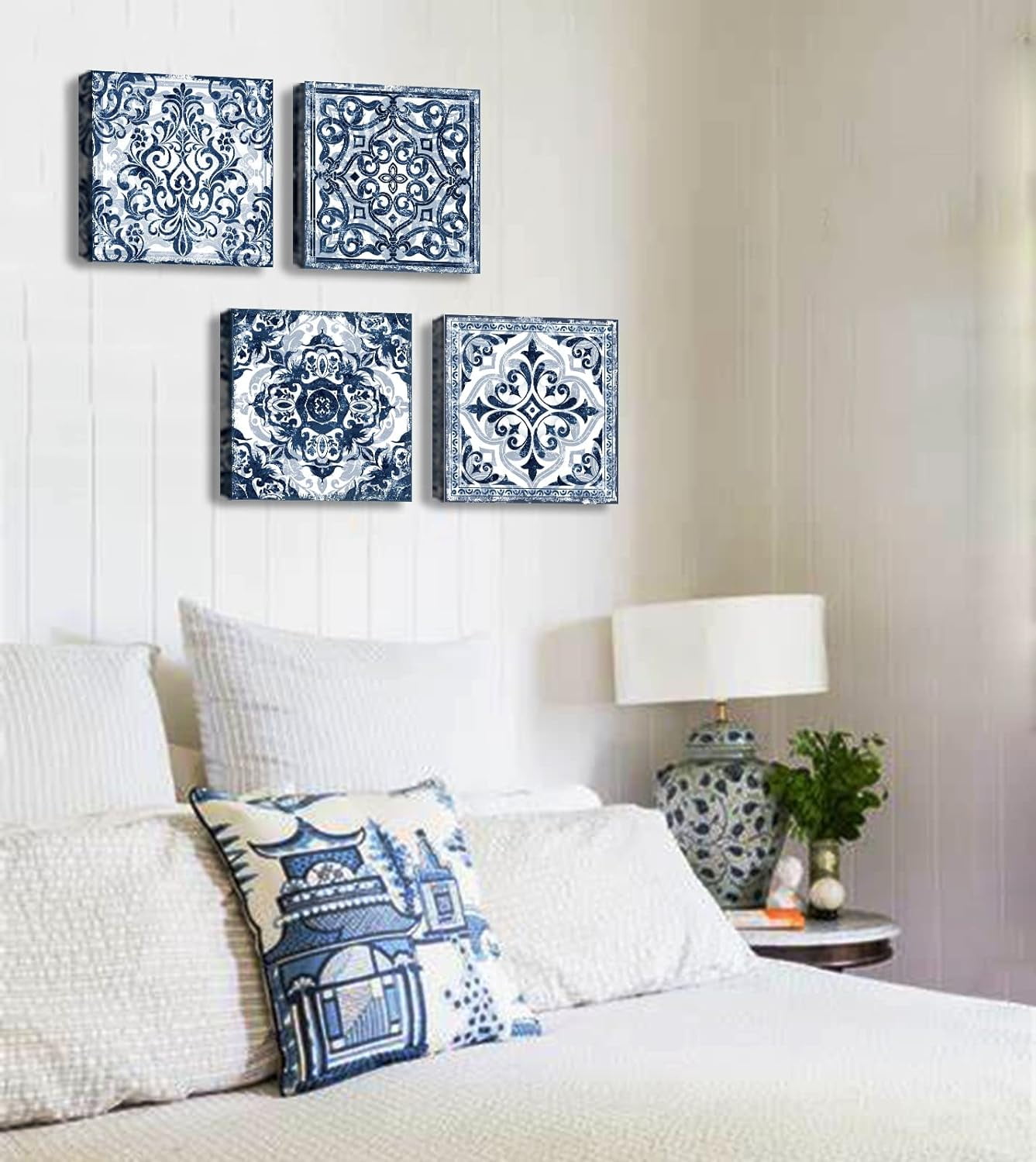 Bathroom Wall Decor Navy Blue Flower Paintings Canvas Prints Decoration Vintage Wall Art for Bedroom Framed Ready to Hang 12" Wx12 Hx4 pcs