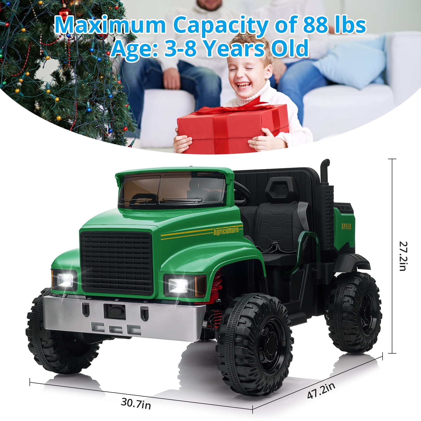 Yesfashion 12V Ride on Car 7AH *2 Farm Ride on Truck UTV Vehicles with 4x200W Motors ATV,Spring Suspension,3 Speeds,2 Seater Ride on Toys Green