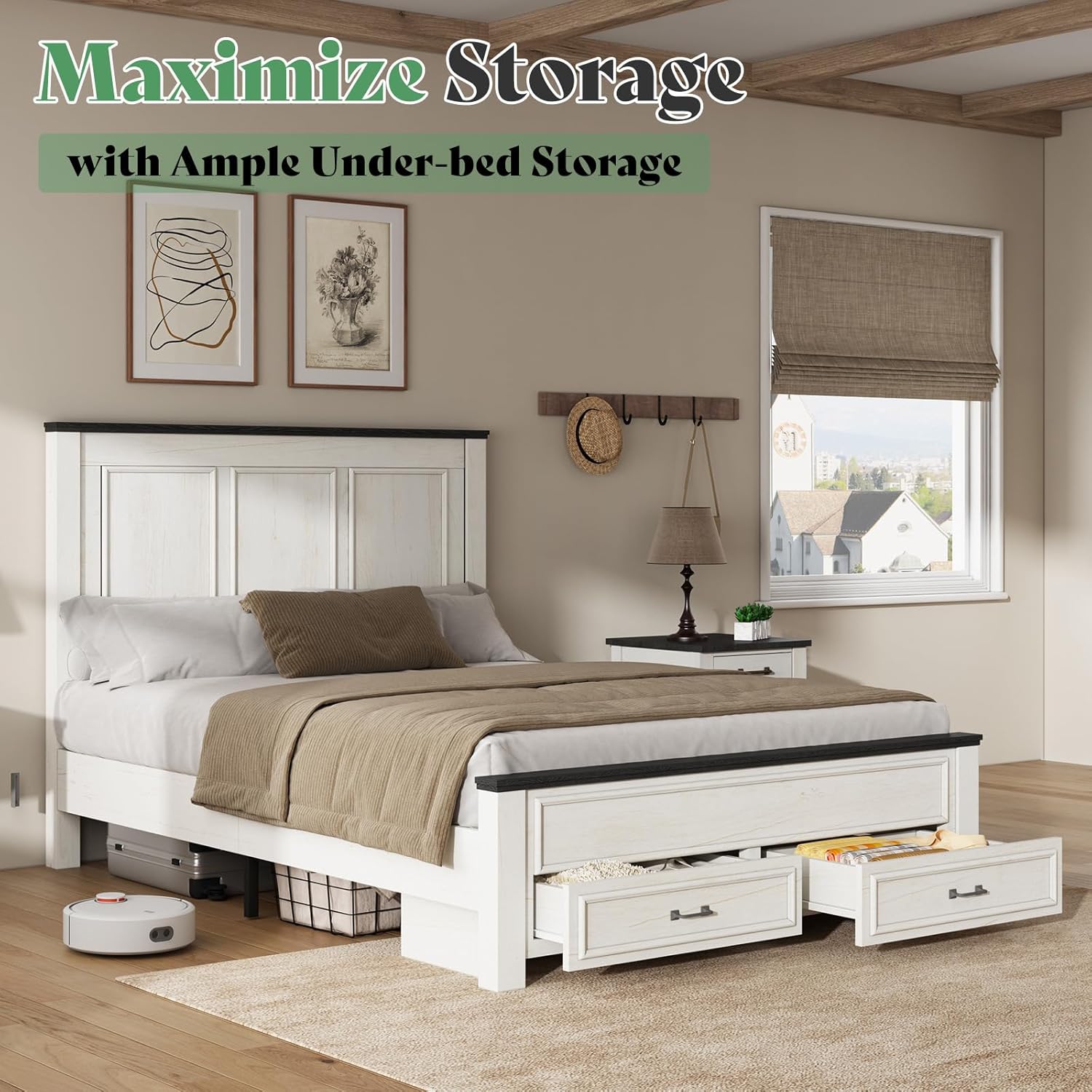 Merluxy Queen Size Farmhouse Bed Frame with 52.2" Wood Headboard & Storage Drawers, Rustic White