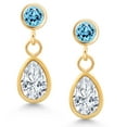 thumbnail image 2 of Gem Stone King 14K Yellow Gold White Moissanite and Swiss Blue Topaz Dangle Earrings for Women (1.10 Cttw, Gemstone Birthstone, Pear Shape 6X4MM, Round 3MM), 2 of 4