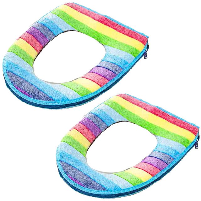 Funda de asiento de inodoro con cojín para baño, cálida, agradable para la piel, disponible para las cuatro estaciones, lavable y reutilizable, 2 piezas (arcoíris)