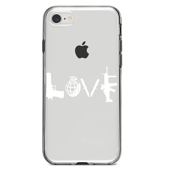 DistinctInk Clear Shockproof Hybrid Case for iPhone 7 8 SE (2020 Model) 4.7" Screen TPU Bumper Acrylic Back Tempered Glass Screen Protector - Love Guns