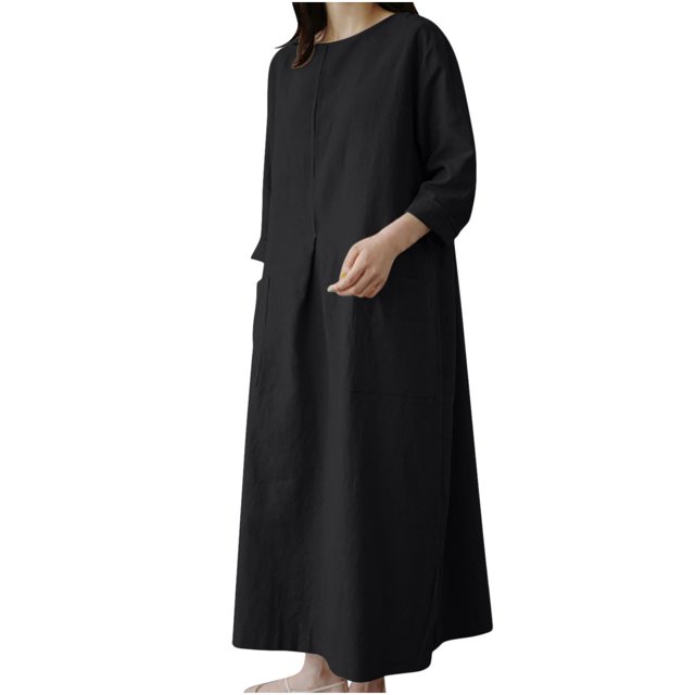 Vestido largo de lino y algodón de manga larga suelto con cuello redondo a la moda para mujer Fridja yut2455