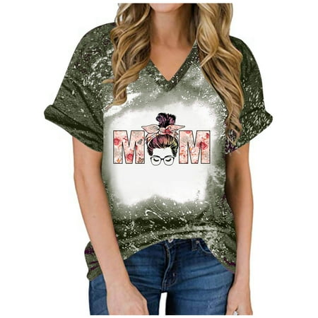 

kakina CMSX Womens Tops Dressy Casual Spring Summer Sexy Gradient Print V-Neck Regular Monther s Day Printed Short Sleeves Top Work Blouses Plus Size Army Green S
