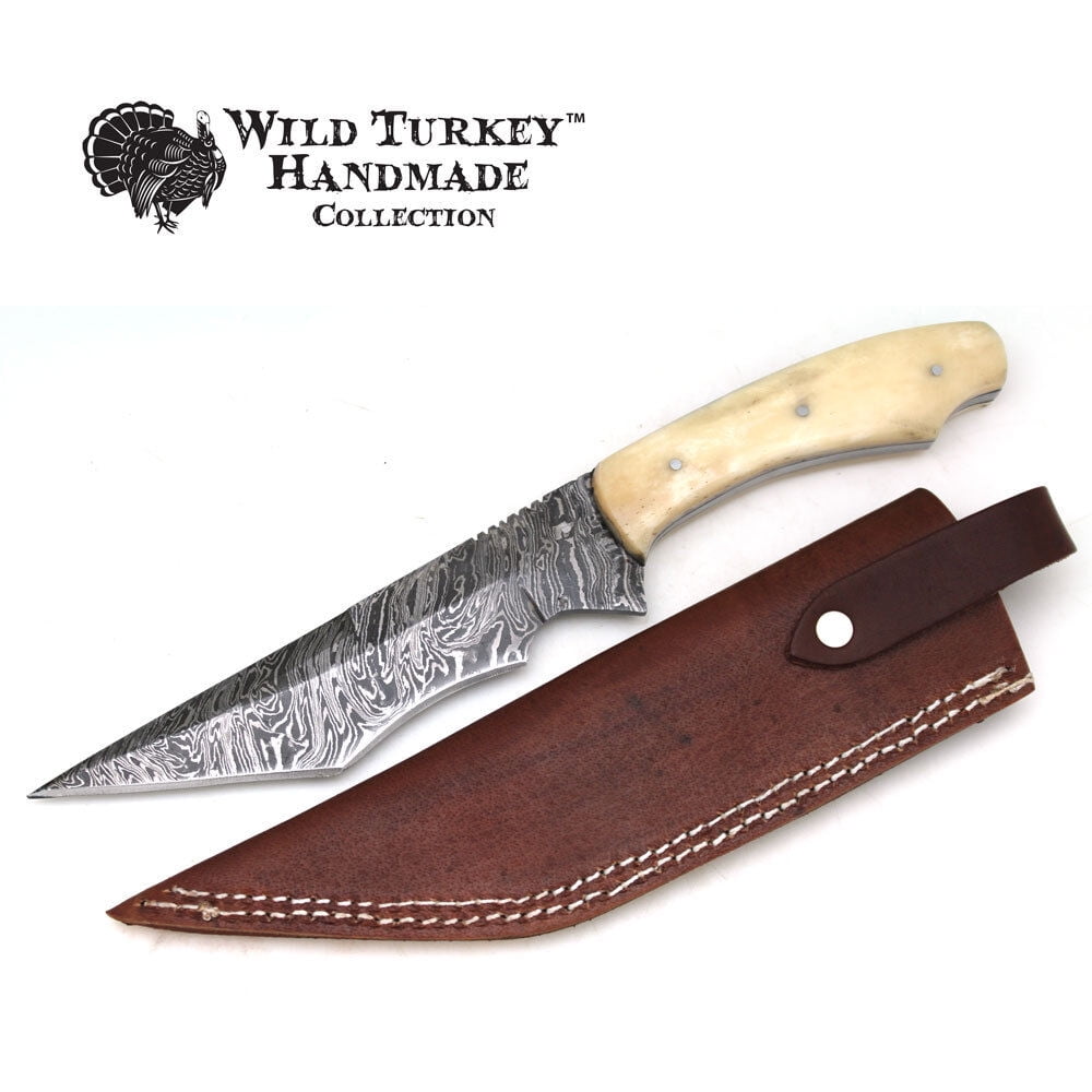 11" Damascus Fixed Blade Bone Handle Hunting Knife with Leather Sheath