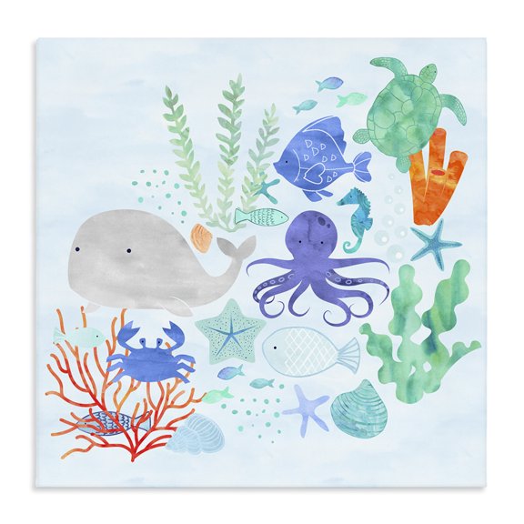 Stupell Industries Eclectic Nautical Sea Life Creatures Swimming Ocean Floor Canvas Art, 17 x 17, by Erica Billups