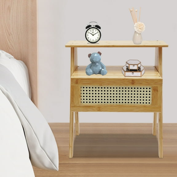 Natural Bamboo Nightstand Rattan Side End Table with Drawer Storage for Bedroom Living Room 16.9 *12.2 * 19.7in