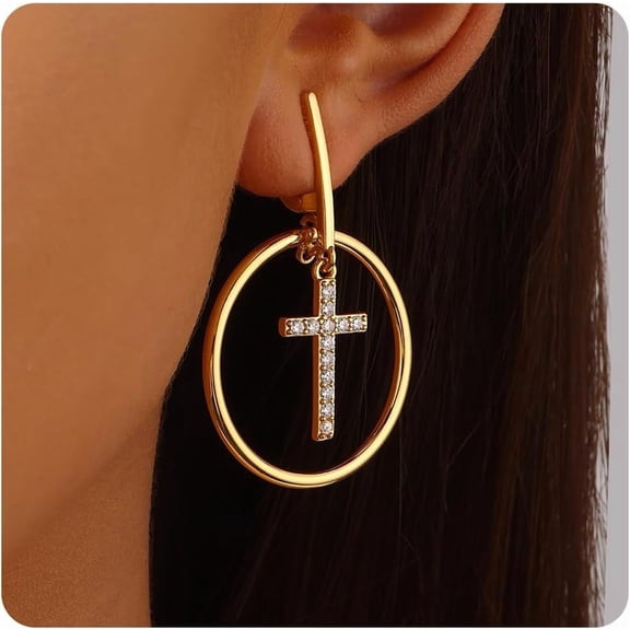 18K Gold Plated Hoop Cross Earrings for Women, Nickel-Free & Hypoallergenic, Lightweight Rhinestone Sparkly Cross Dangle Earrings, 1.79 Inch