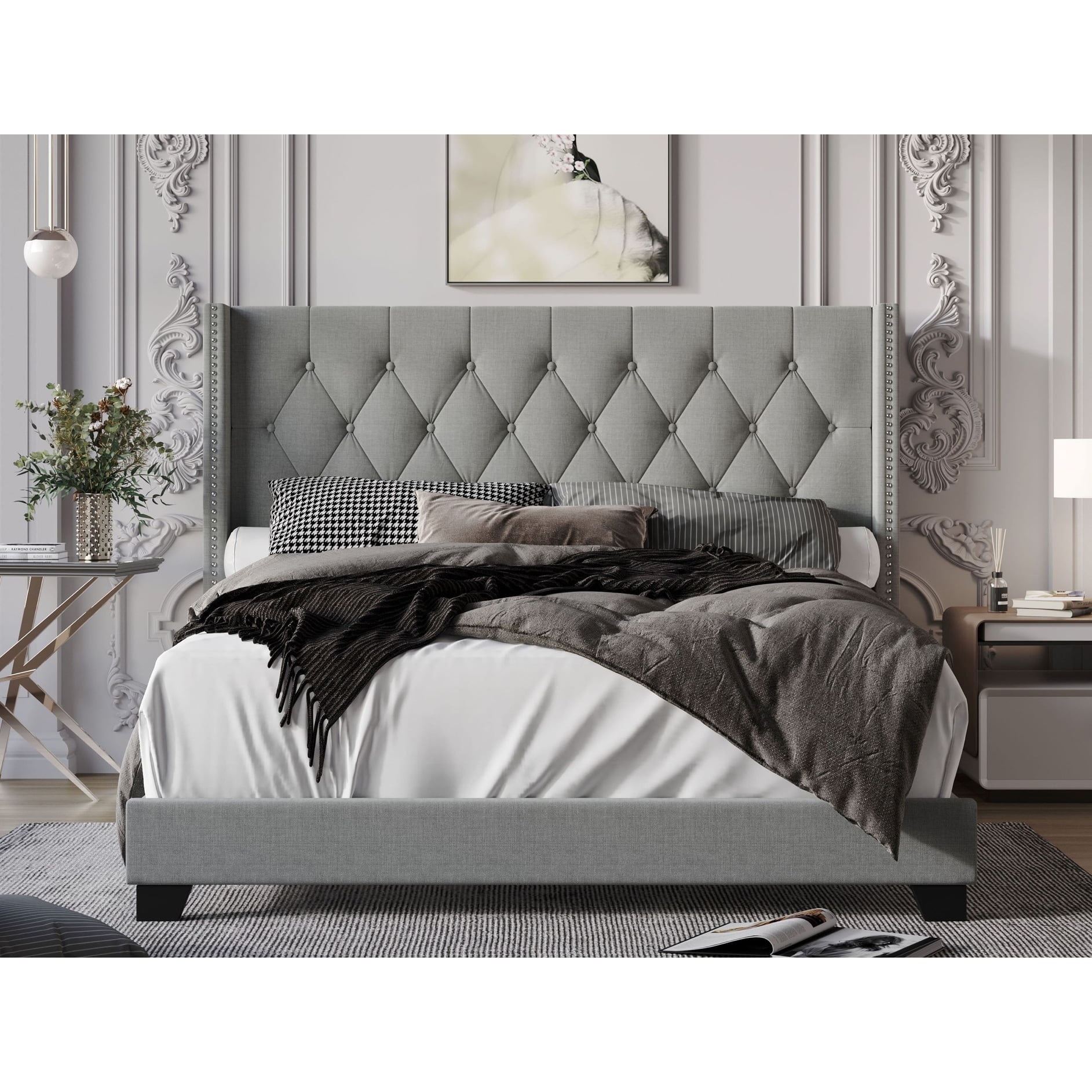 Home Design Brady King Tufted Wingback Upholstered Panel Bed Frame, Black Velvet