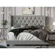 Home Design Brady Queen Tufted Wingback Upholstered Panel Bed Frame, Silver Gray-Velvet (Diamond)