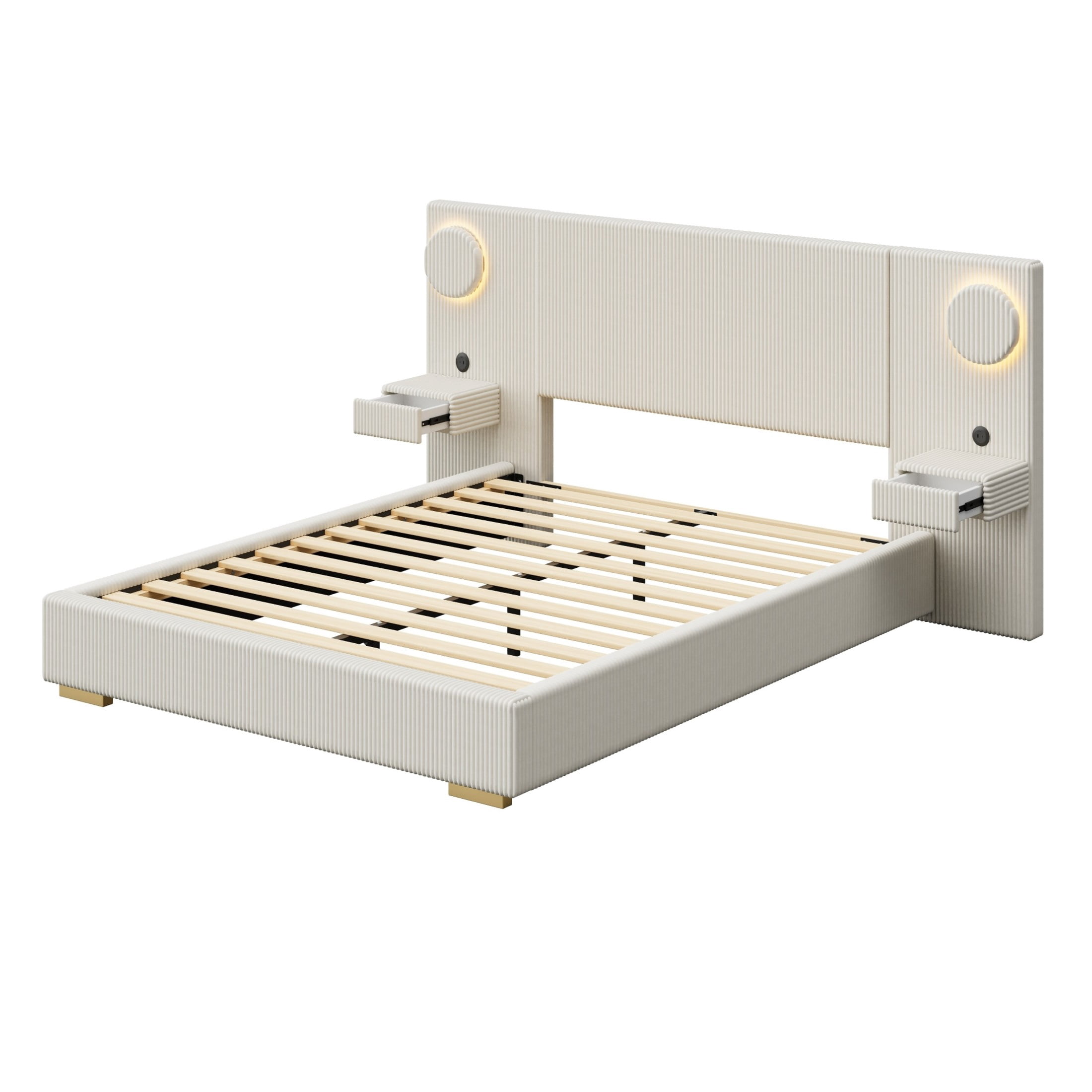 Noble House Dellas Queen Size Upholstered Platform Bed with LED Lights, Charging Ports & Side Storage Drawers, Beige