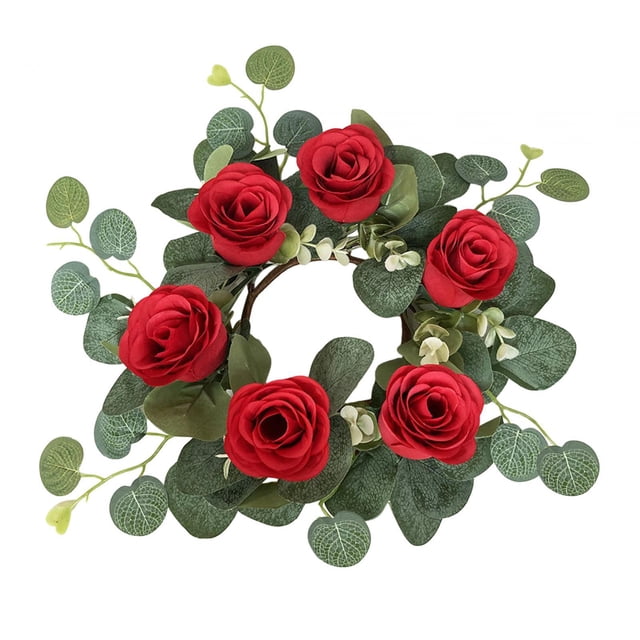 GUOOL Artificial Rose Flower Candle Wreath for Ceremony Gift Cafe Red