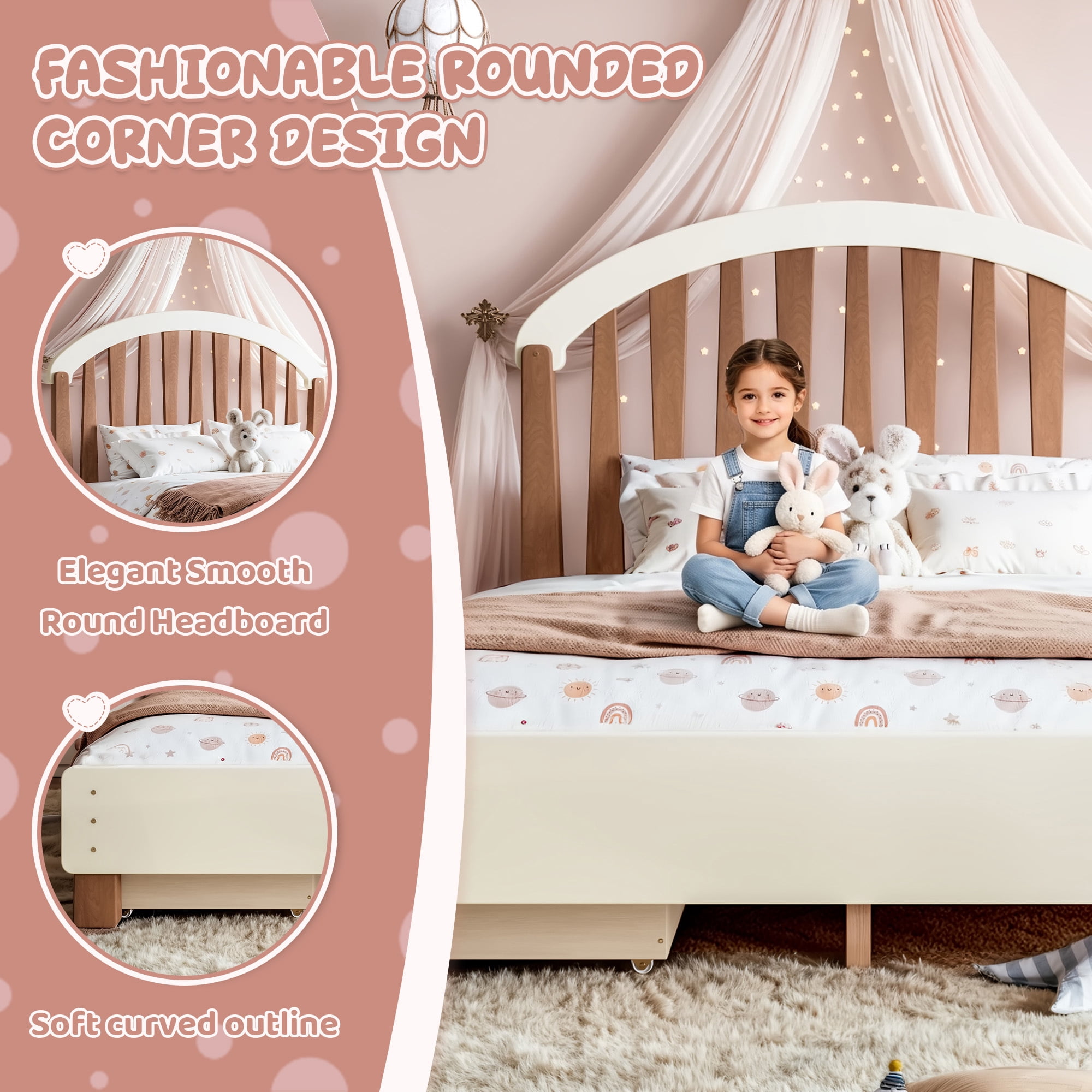 Leumius Full Size Platformbed Frame with Storage Drawer, Wood Bed Frame with Round Headboard for Bedroom Beige & Deep Natural