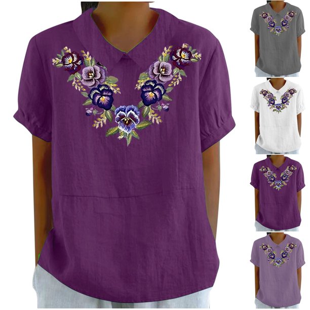 Fiudx Ofertas de La Semana Camiseta Holgada Informal con Estampado para Mujer, Tops de Manga Corta con Cuello de Muñeca, Blusa Bonita y de Lino