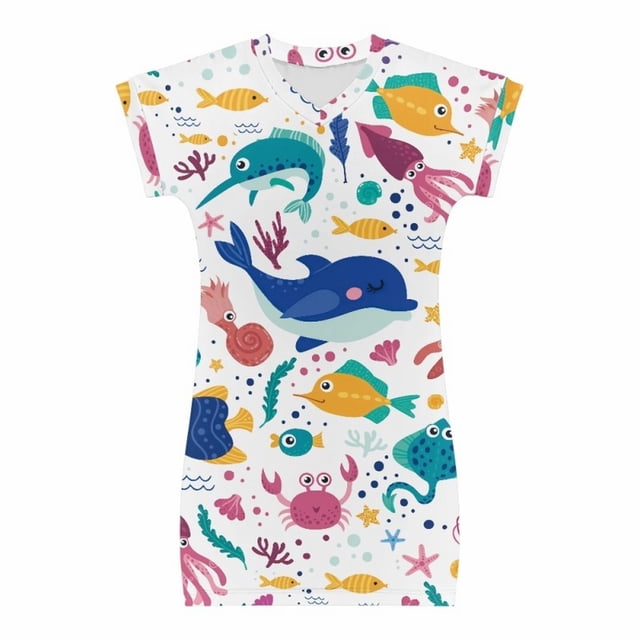 Robes pour Adolescents Manches Courtes Col Rond Imprimé Animal Été Mode Décontractée Robe Blanche 10-11 Ans