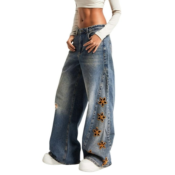Women Baggy Y2k Distressed Jeans Boyfriend Embroidered Ripped Denim Pants Wide Leg Patchwork High Waist Chambray Blue L