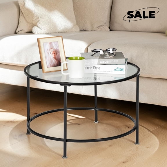 GZXS 25.9" Round Coffee Table with Glass Top, Modern Center Table with Metal Frame for Living Room, Easy Assembly, Black