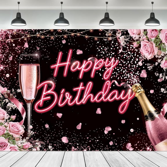 7x5FT Black and Pink Happy Birthday Backdrop for Women Girls Pink Rose Champagne Birthday Photography Background Pink Floral Glitter Confetti Birthday Party Decorations Banner Photo Booth Props