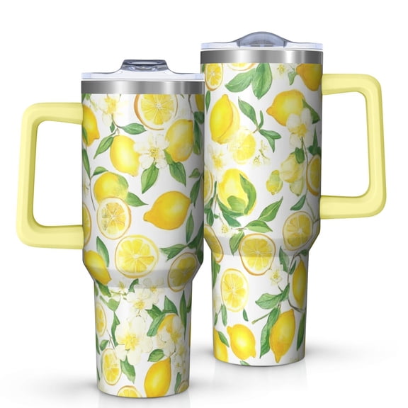 OBREWU Lemon Tumbler with Handle and Lid,Lemon 40oz Double Wall Vacuum Insulated Tumbler,Cups Gift for Women and Men