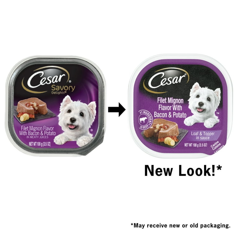 CESAR Soft Wet Dog Food Loaf Topper in Sauce Filet Mignon Flavor with Bacon Potato 3.5 oz. Easy Peel Tray