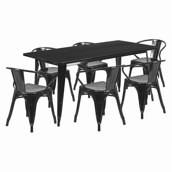 Flash Furniture Oakley Commercial Grade 31.5" x 63" Rectangular Black Metal Indoor-Outdoor Table Set with 6 Arm Chairs