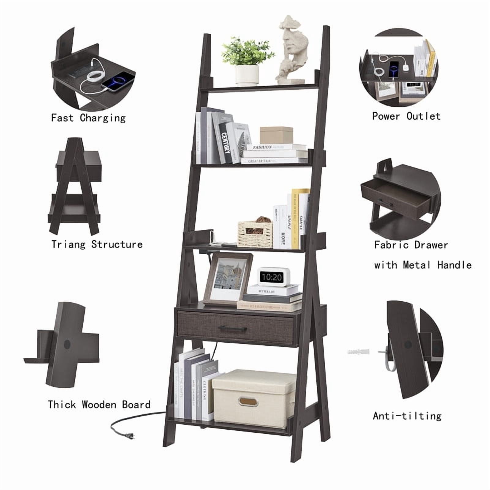 Utopia Alley Ladder Shelf, 5 Tier Ladder Bookshelf with Power Outlet, USB Port, Fast Charging and Drawer, Wood Ladder Shelves, Espresso