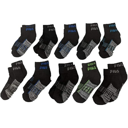 Fila Kids Boys 10-Pack Half Cushion Quarter Socks Logo Block - Charcoal Heather, Boys Small Shoe Sizes 7-10