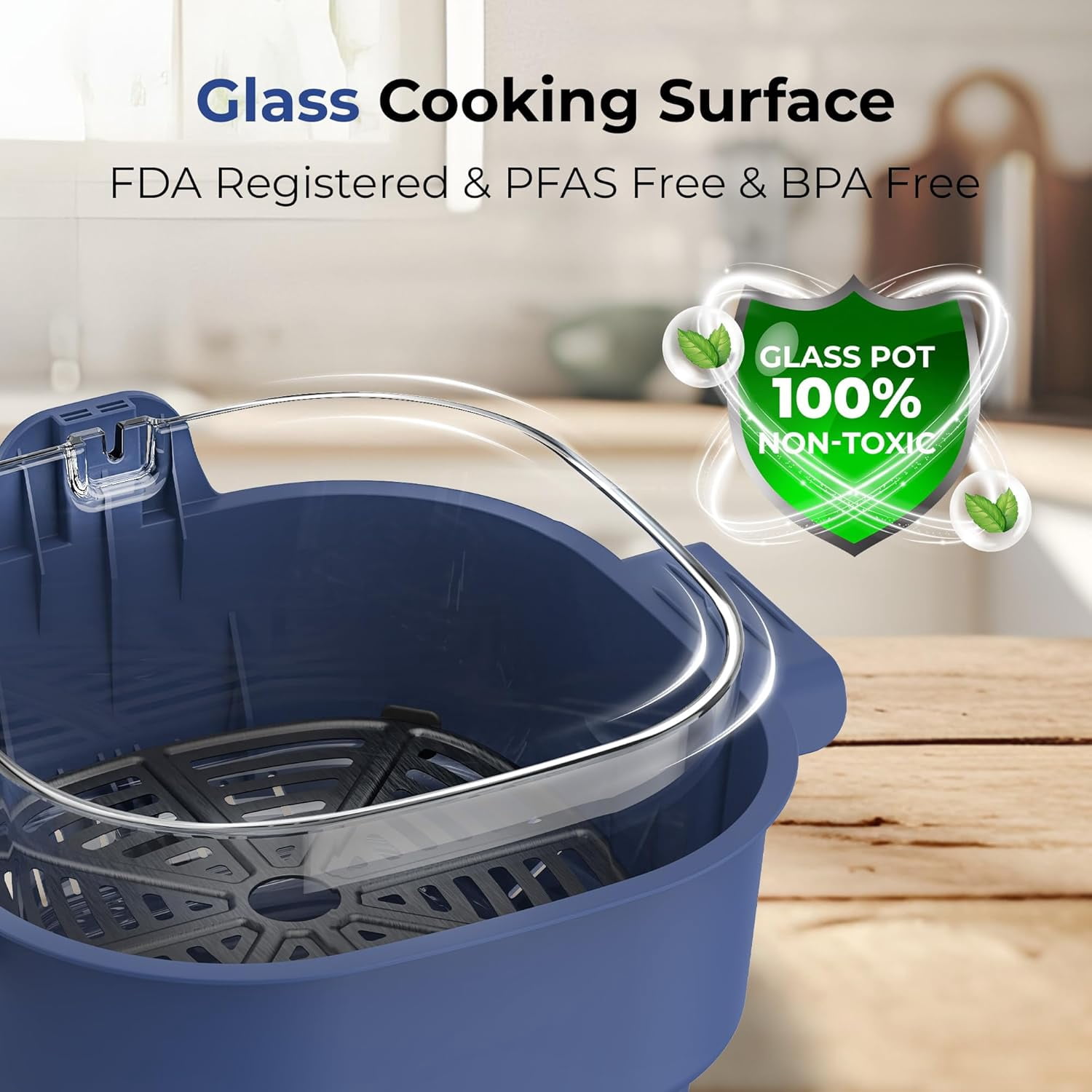 4-in-1 Portable Glass Air Fryer, 4.7QT Transparent Cooking Pot with Storage Lid & Tongs, Compact Smart for Deep Roast Recrisp Keep Warm – Navy Blue