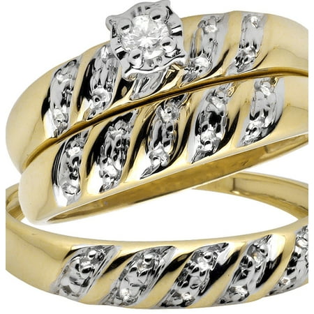10K Yellow Gold Miracle Set Swirl Diamond Bridal Wedding Ring Trio Set 1/10CT