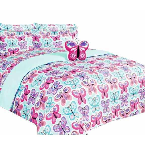 Kids bed in bag comforter and sheet set Full size 8pc butterfly turquoise boy girls kids bedroom decor