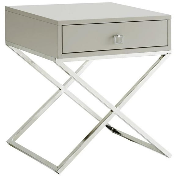 Posh Living Brianna 1-Drawer Nightstand with X-Metal Legs in Gray/Chrome