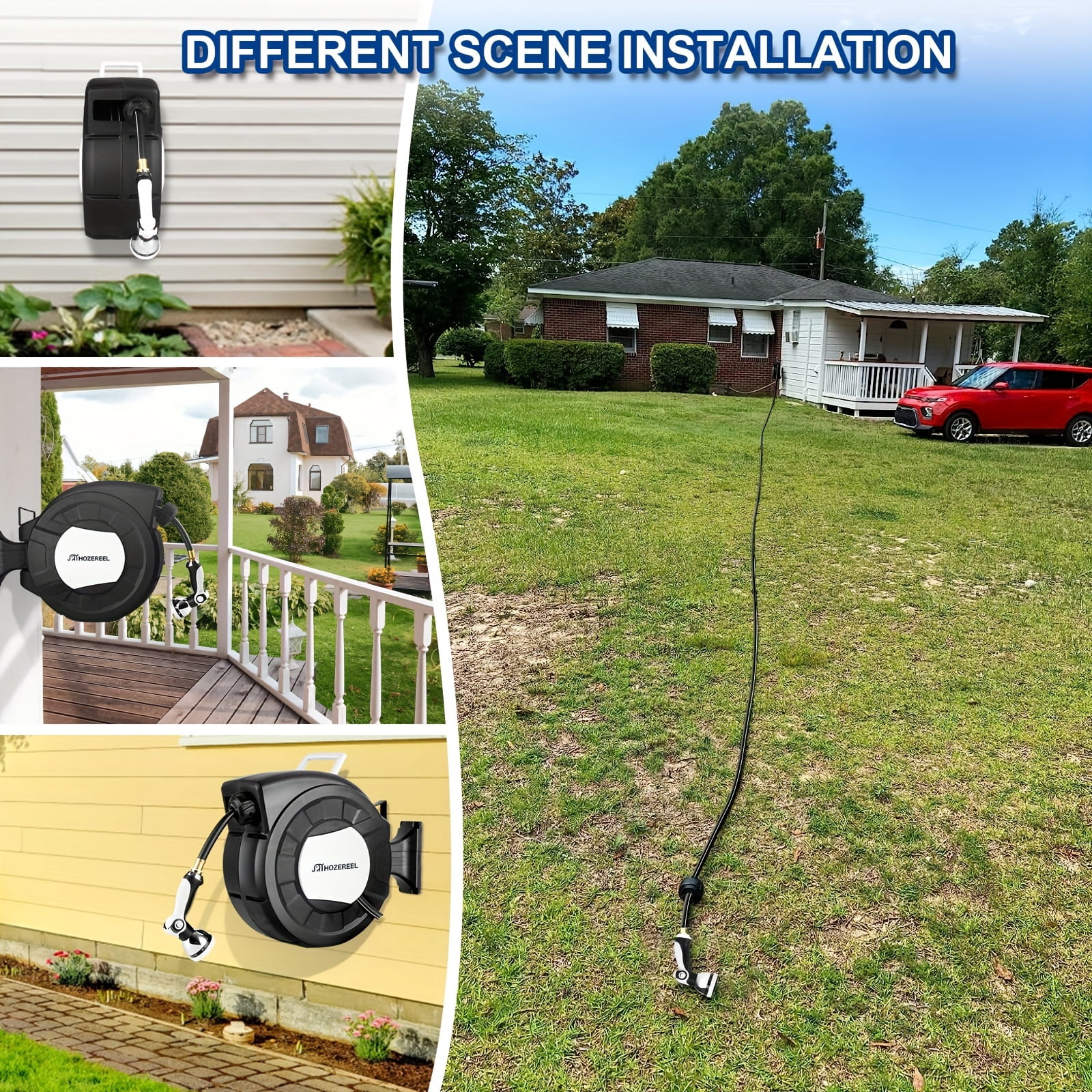 HOZEREEL 100-Ft x 1/2"  Retractable Garden Hose Reel, Decorative Outdoor Garden Hose Reel—Automatic Retractable Wall-Mounted Hose Reel with Enclosed Storage, Lockable at Any Length, 10-Type Nozzle